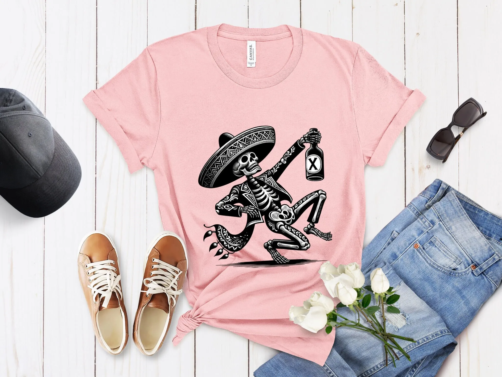 Day of the Dead Style Skeleton T Shirt Dia de Muertos Fashion Top Artistic Mexican Skull with Sombrero Bottle Unique