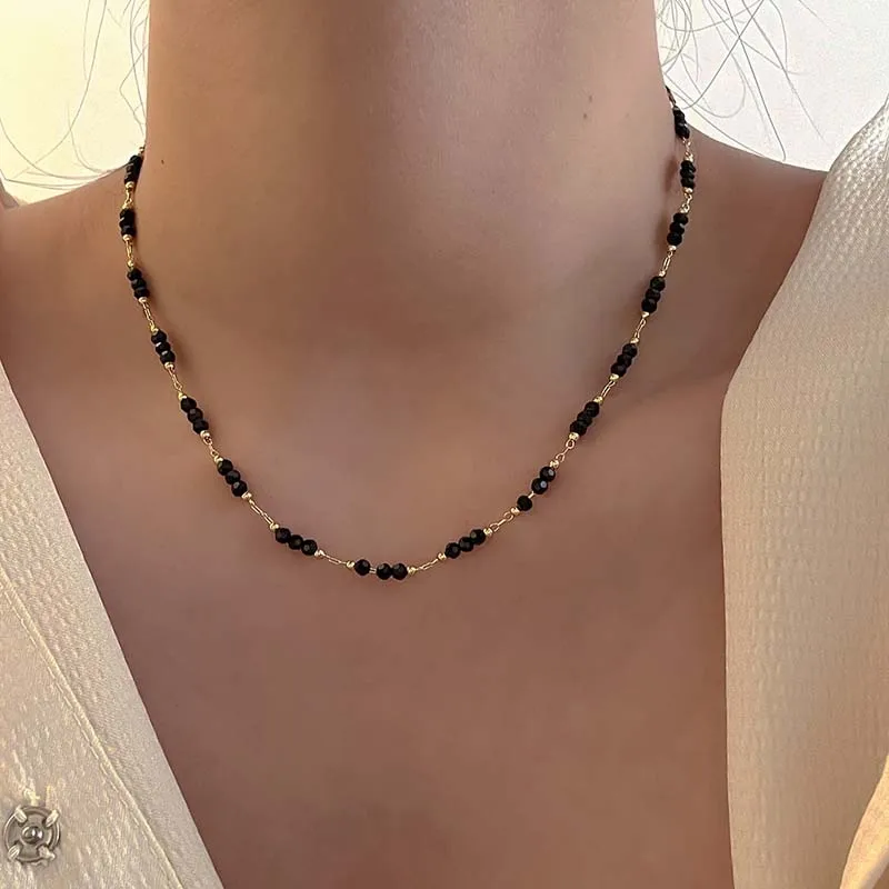 Vintage Black Crystal Glass Bead Chain Choker Necklace For Women Fashion Simple Metal Link Handmade Necklace Jewelry Party Gift