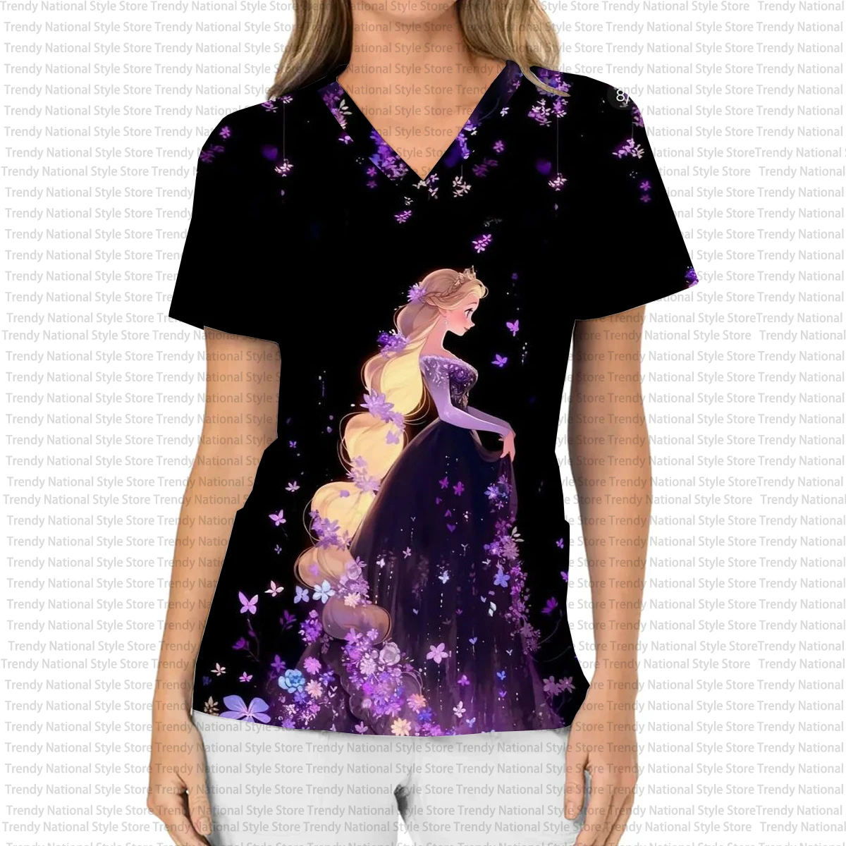 تي شيرت نسائي بلوري برقبة على شكل حرف V، هدية عيد الميلاد، طباعة أميرات ديزني دريم، عيادة أسنان عصرية/مستشفى/زي ممرضة