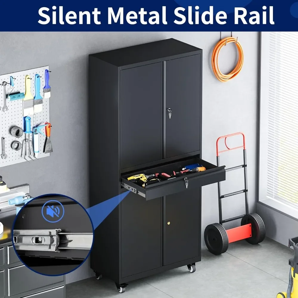 Metal Garage Storage Cabinet with Locking Doors and Adjustable Shelves, Rolling Tool Storage Cabinet with 4 Wheels and 1 Drawer