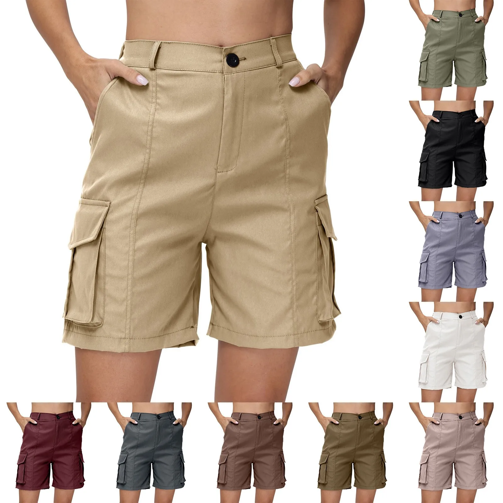 

Bermuda Shorts For Women Cargo Shorts Knee Length 6 Pockets Elastic Waist Long Shorts For Summer Casual Shorts for Women