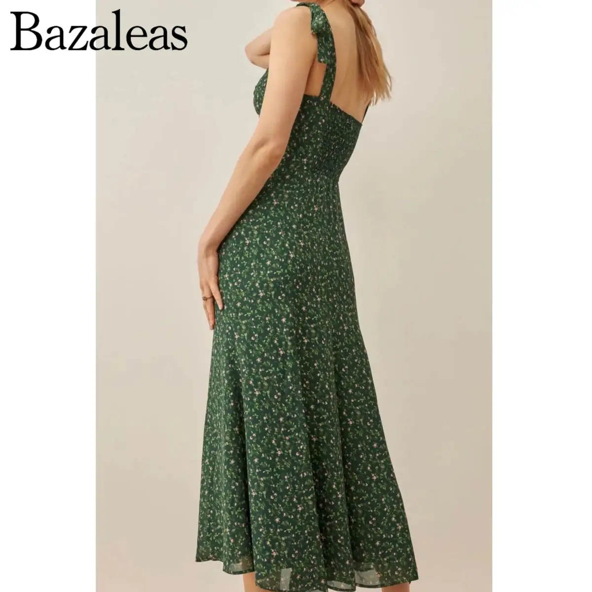 2024 Summer Green Random Flora Print Dressless Party Midi Dresses