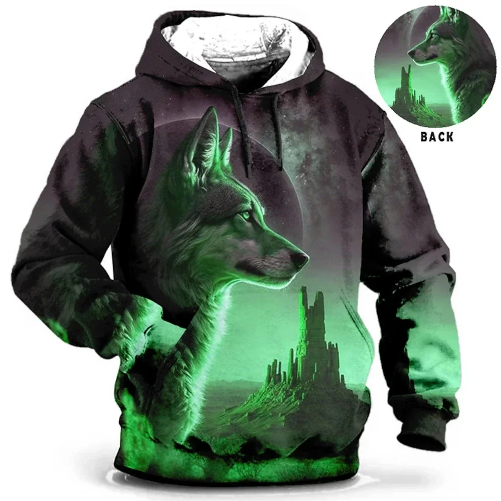 Sweatshirts for Men with Wolf Pattern Design Hooded Shirt Kanye Casual Long Sleeved 3d Dragon Print Clothing Oversized Loose Top