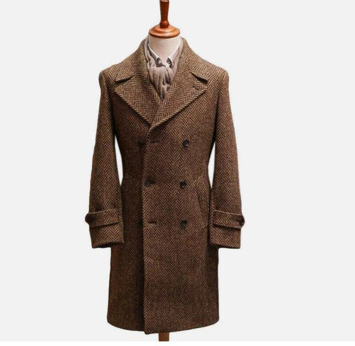 Customized Dark Brown Herringbone Wool Coat Men Long Overcoat Double Breasted Winter Groom Business Formal Wear One Piece