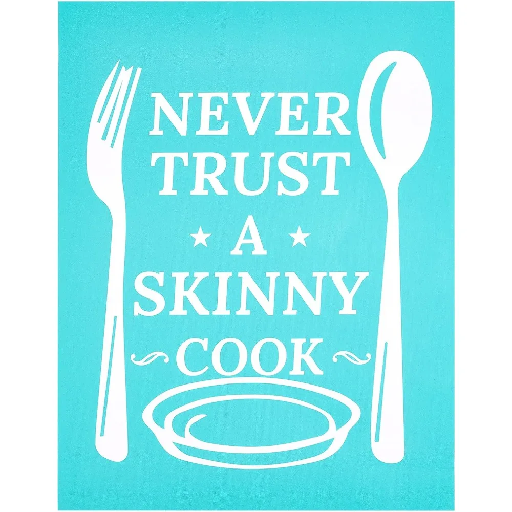 Pochoir auto-adhésif pour sérigraphie avec la phrase « NEVER TRUST A SKINNY COOK », motif turquoise pour vaisselle, 28x22cm
