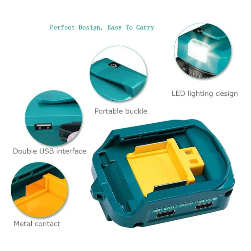 Li-ion Battery Adapter for Makita 14.4V/18V Li-ion Battery BL1830 BL1430 With Dual USB Type-C Converter LED Lamp Flashlight