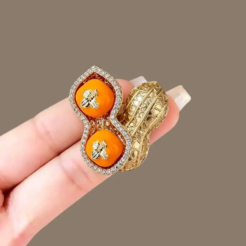 Gold Plated Peanut Brooch Orange: Agate Inlay Shiny Cubic Zirconia Daily Wear Parties Gifts