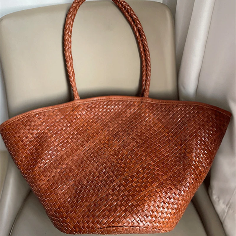 Fashion Genuine Leather Tote Female Brand Weave Bucket Shoulder Bag for Woman New Luxury Top-Handle Travel Beach Bags