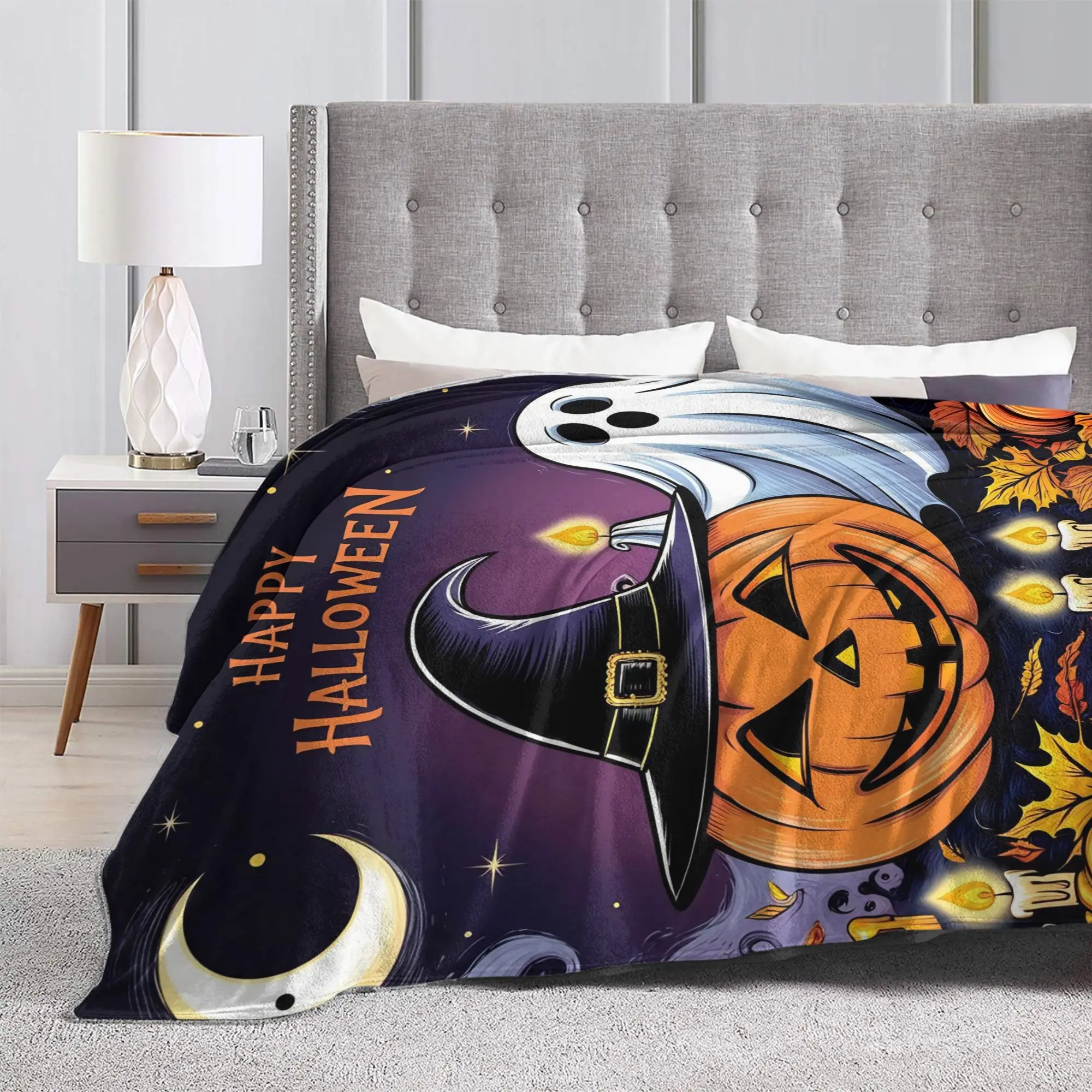 Happy Halloween Ghost Coral Fleece Plush Throw Blankets Fall Pumpkin  Blankets for Bed Travel Super Soft Bed Rug