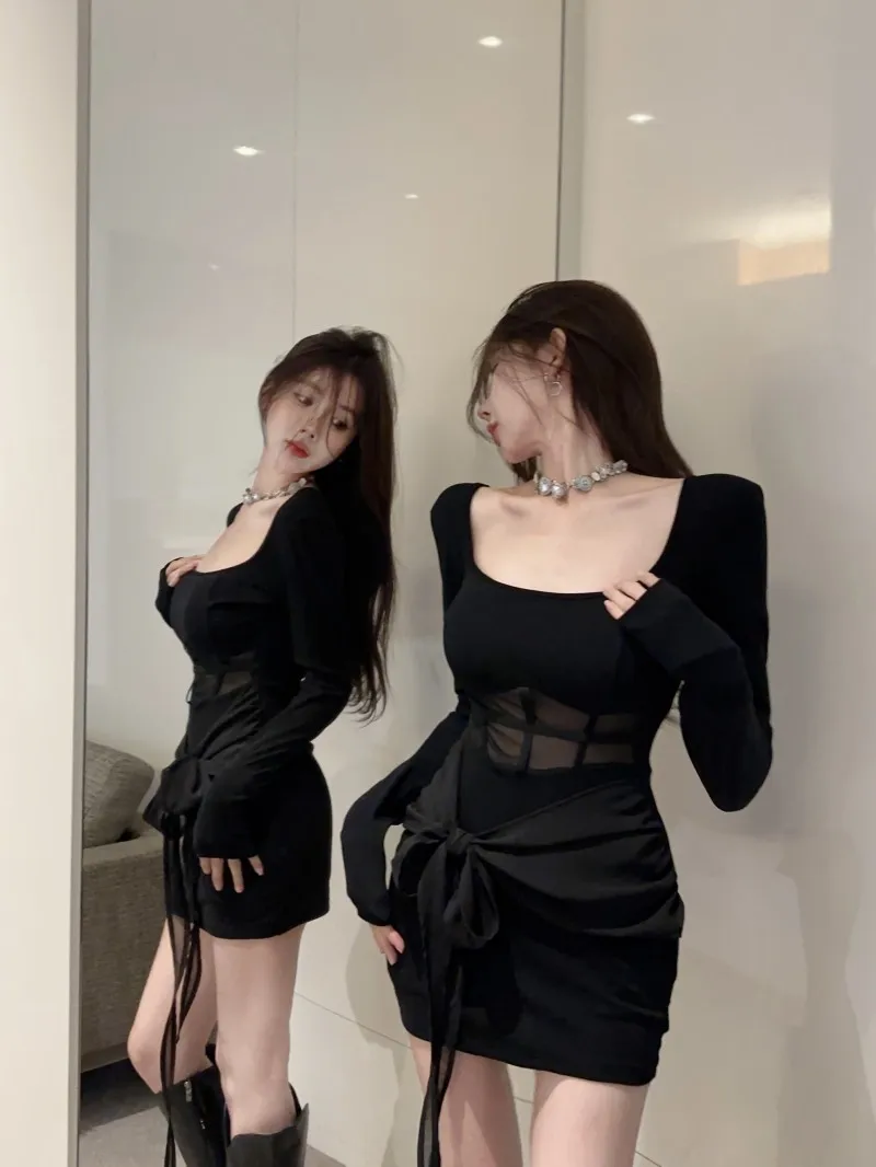 فستان ملهى ليلي أسود بأكمام طويلة ورقبة مربعة نحيف شفاف من خلال فستان قصير شبكي مثير للنساء #2