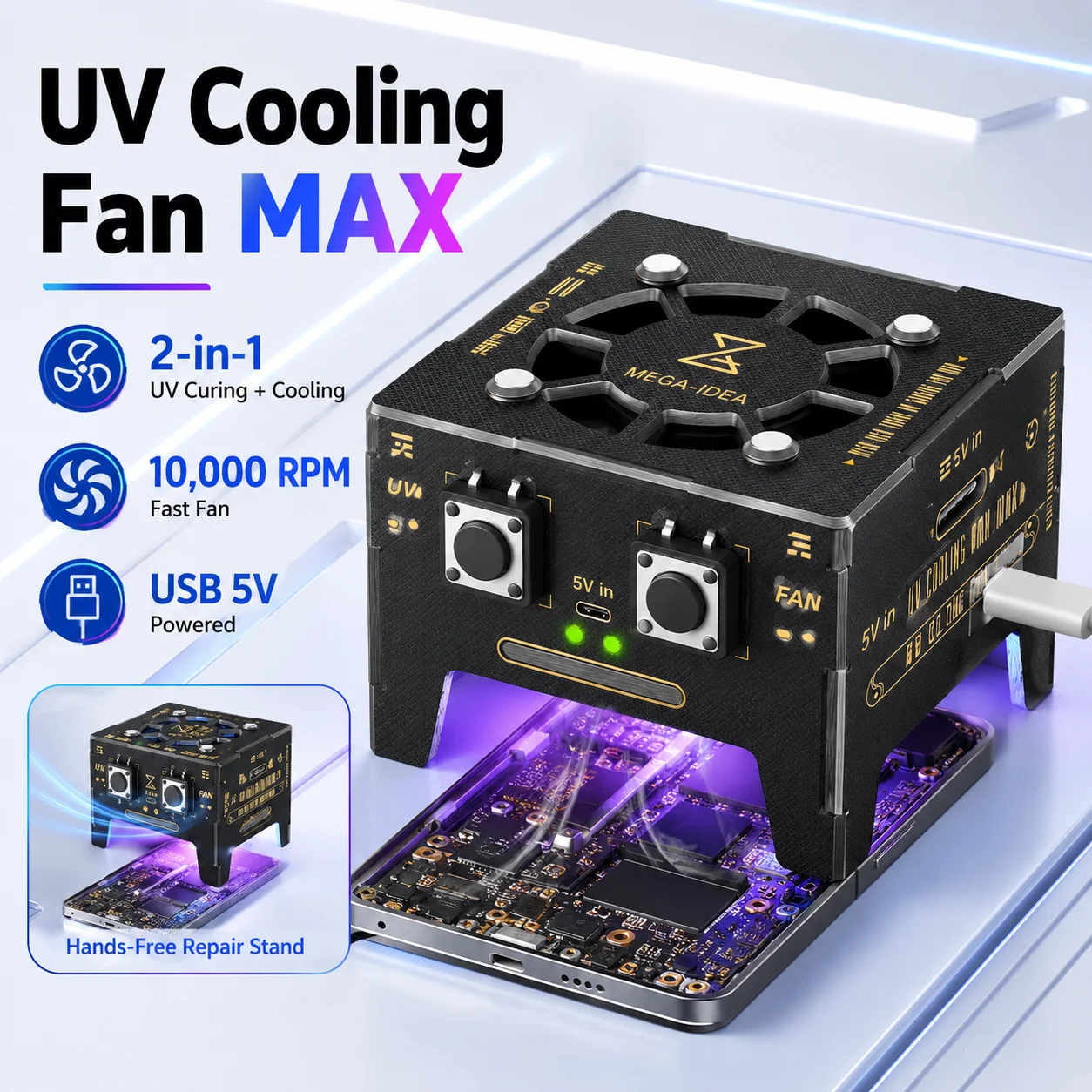 QIANLI MEGA-IDEA Taichi UV Cooling Fan MAX Dual LED 10000RPM USB 5V Smoke Extractor for Phone Motherboard Chip Repair Tool