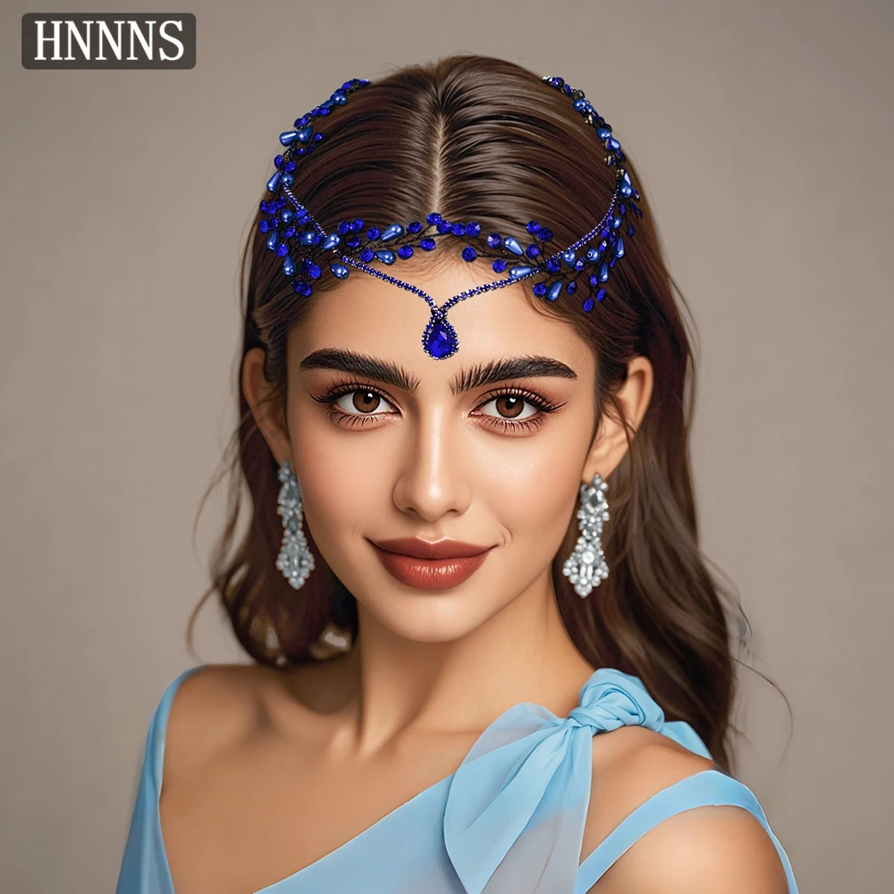 

HNNNS Bridal Rhinestone Hair Accessories Wedding Crown Blue Pearl Forehead Headpiece Jewelry Bridal Jewelry Hair Chain A270