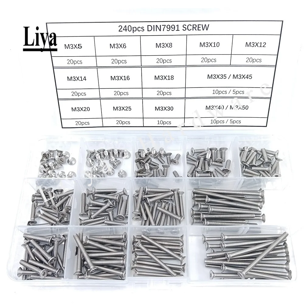 100-240Pcs M3 M4 M5 M6 DIN7991 A2-70 SS304 Hexagonal Countersunk Screws Flat Head Screw Hex Socket Bolt Assortment Kit