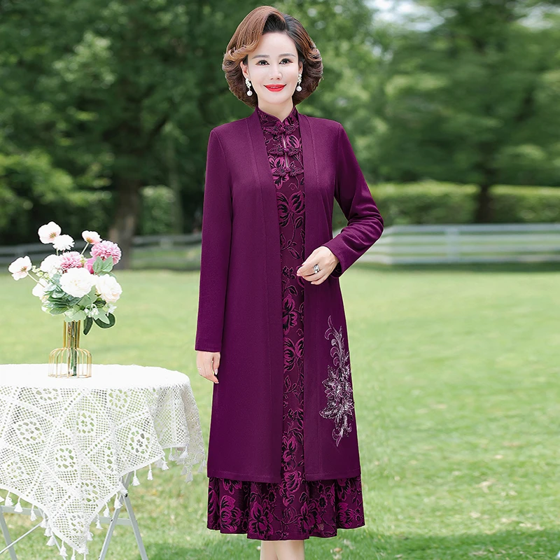 

Vintage Mother Of the Bride Dresses Long Sleeve Knee-length Jacquard Knitted 2-piece set Dress Women Party Wedding Guest Dress