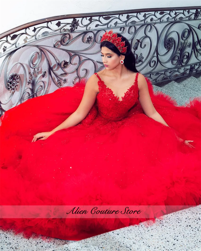 Mexiko roten Tüll Quince anera Kleider Spitze Applikation Perlen Rüschen süß 16 Kleid Geburtstags feier Kleid Vestido de 15 angepasst