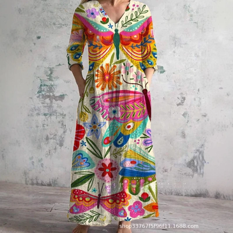 夏カジュアルルーズ長袖ドレス 3D プリント花柄女性のファッションエレガントなビーチウェアパーティー着用マキシドレス