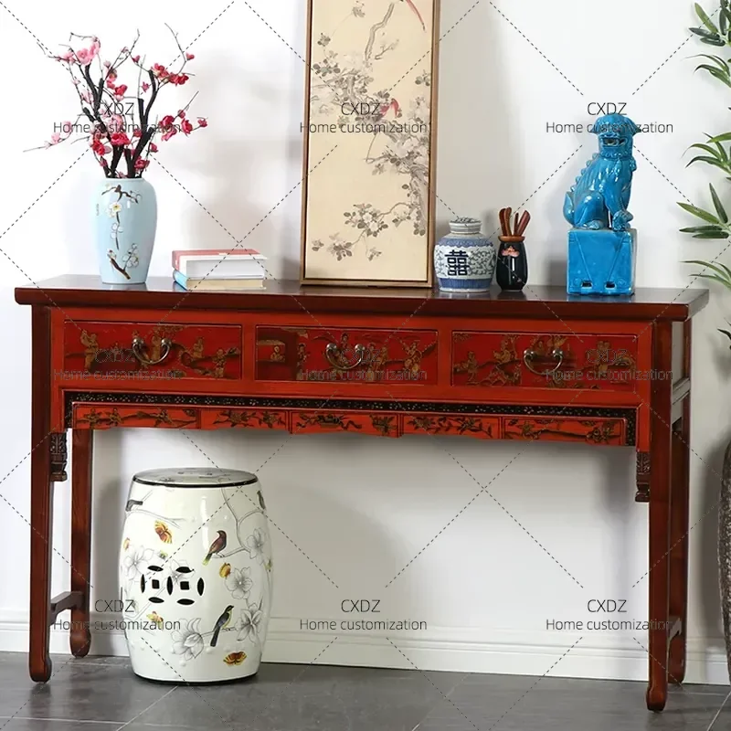 Solid Wood Antique Chinese Old Elm Entrance Table Classical Flat Head Case for Painting Display Furniture