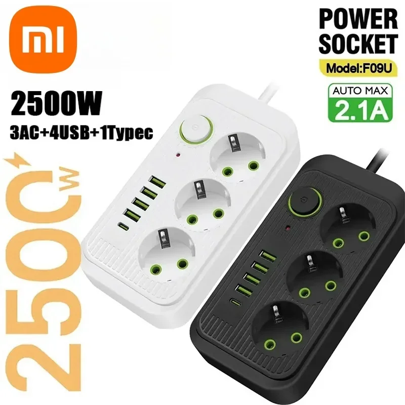 Xiaomi EU Plug AC Outlets Multitap Socket 2m Extension Cord Electric Power Strip USB Type C Fast Charging Network Filter Adapter