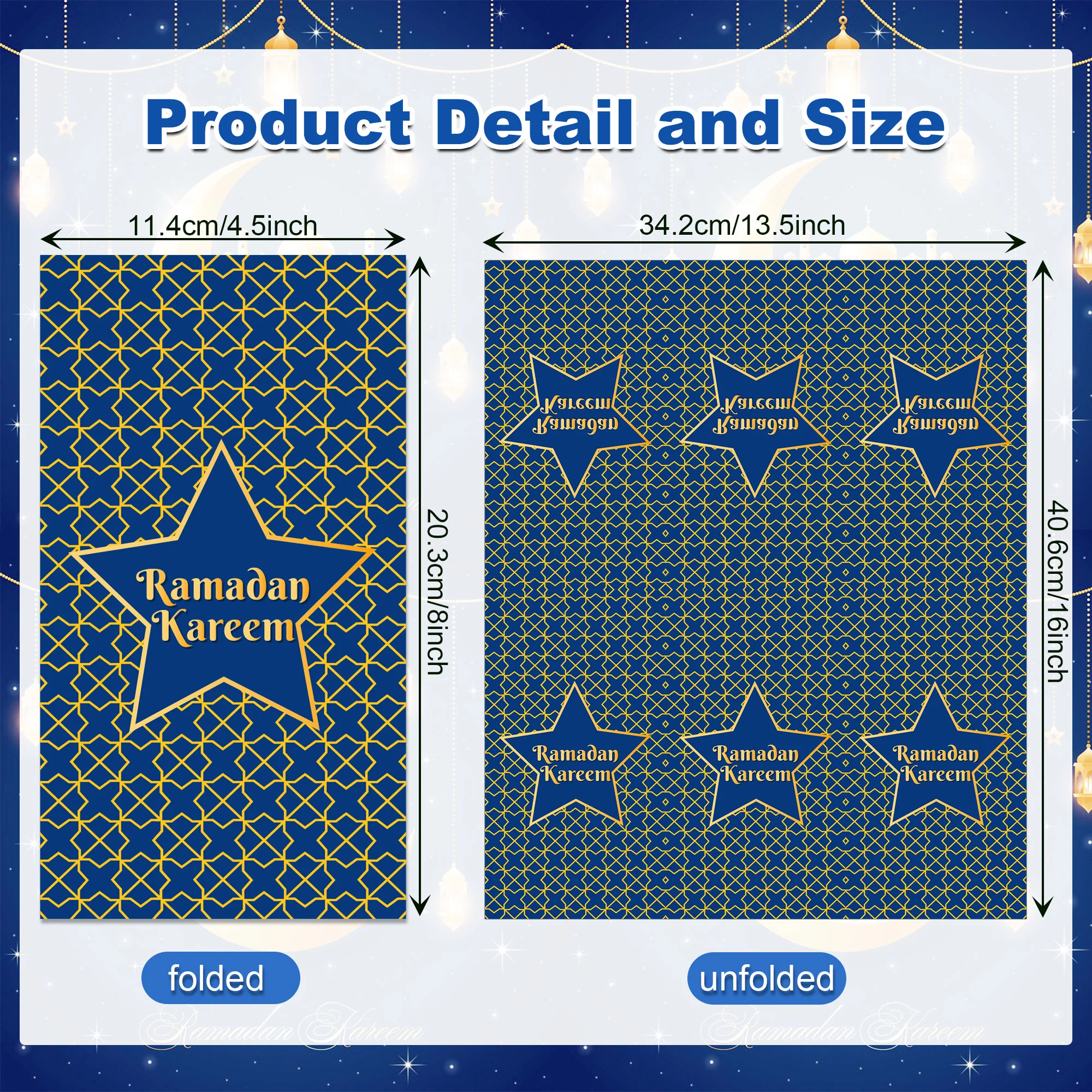 Islamic Geometric Dark Blue Background Disposable Paper Napkins 60/100 Pcs Double-Sided Printed Ramadan Kareem Golden Star Desig