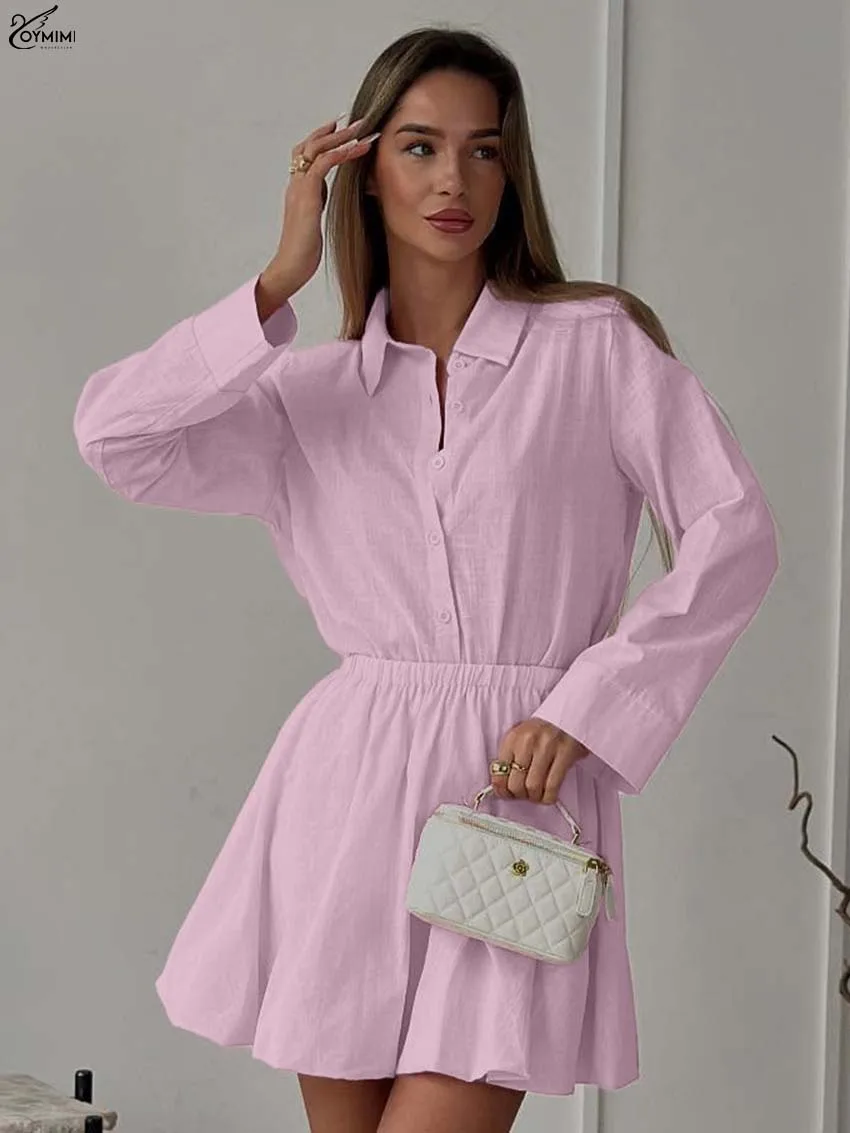 

Oymimi Elegant Pink Cotton Women's Two Pieces Set Fashion Long Sleeve Single Breasted Shirts And High Waist Pleated Skirts Sets