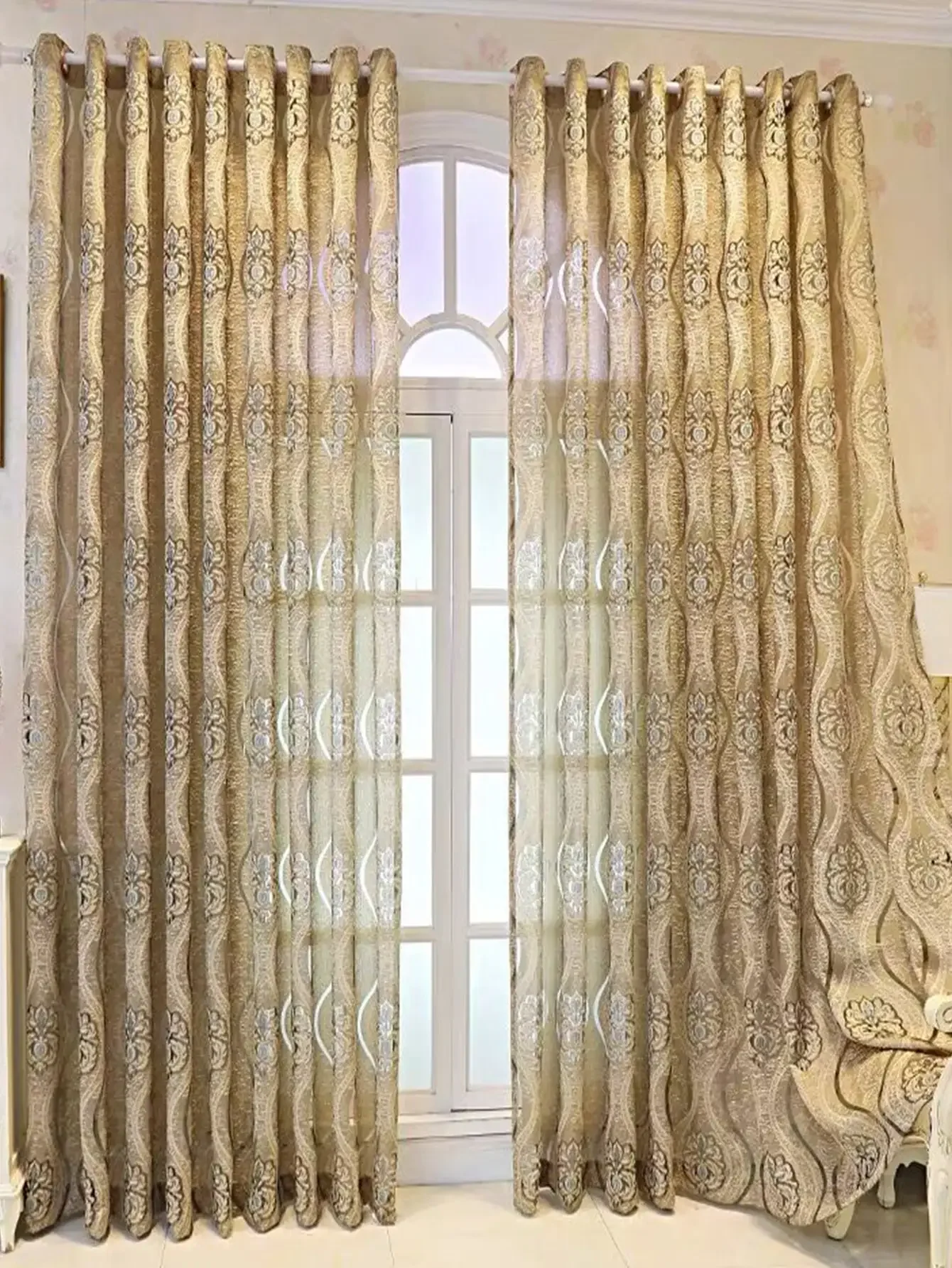 European Curry Eight Wave Perforated Curtains Living Room Bedroom Blackout Decorative Curtains, Party Decoration Shades Tulle