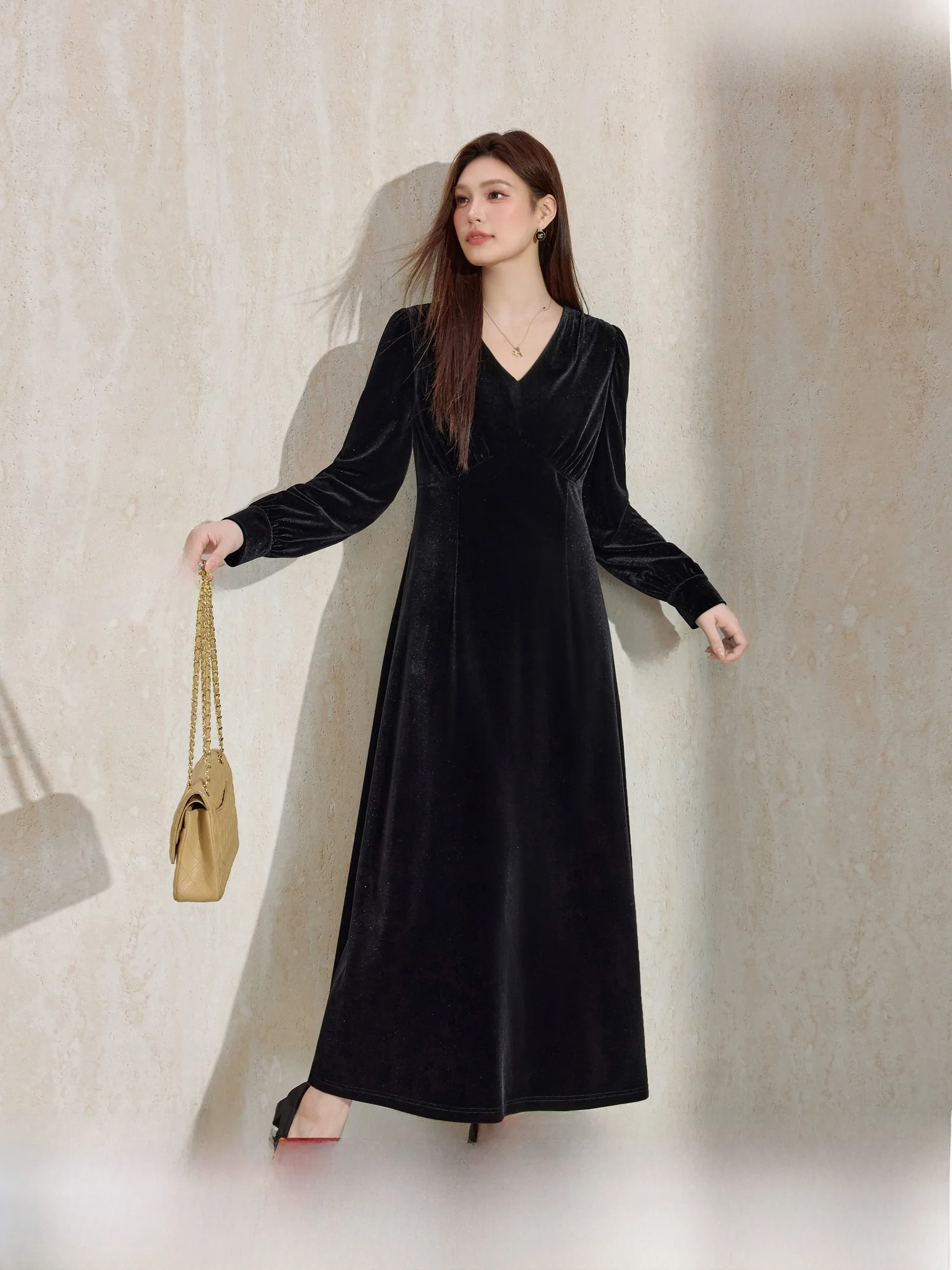 

Женское высококачественное бархатное платье Hepburn Sle V-Ne большого размера Blue Language, осень-зима, длинное платье трапециевидной формы с затянутой талией