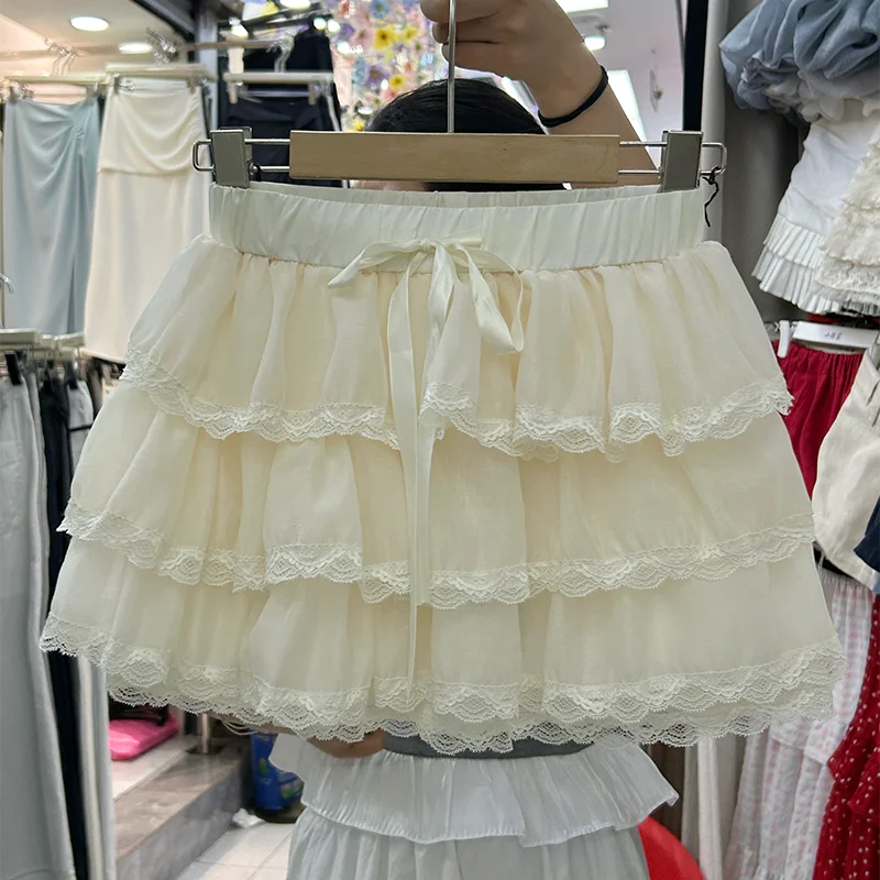

Sweet Lace Trim Splice Cake Skirt Women's Spring Summer New High Waist Short A-Line Half Skirt Girls' Fashion Style