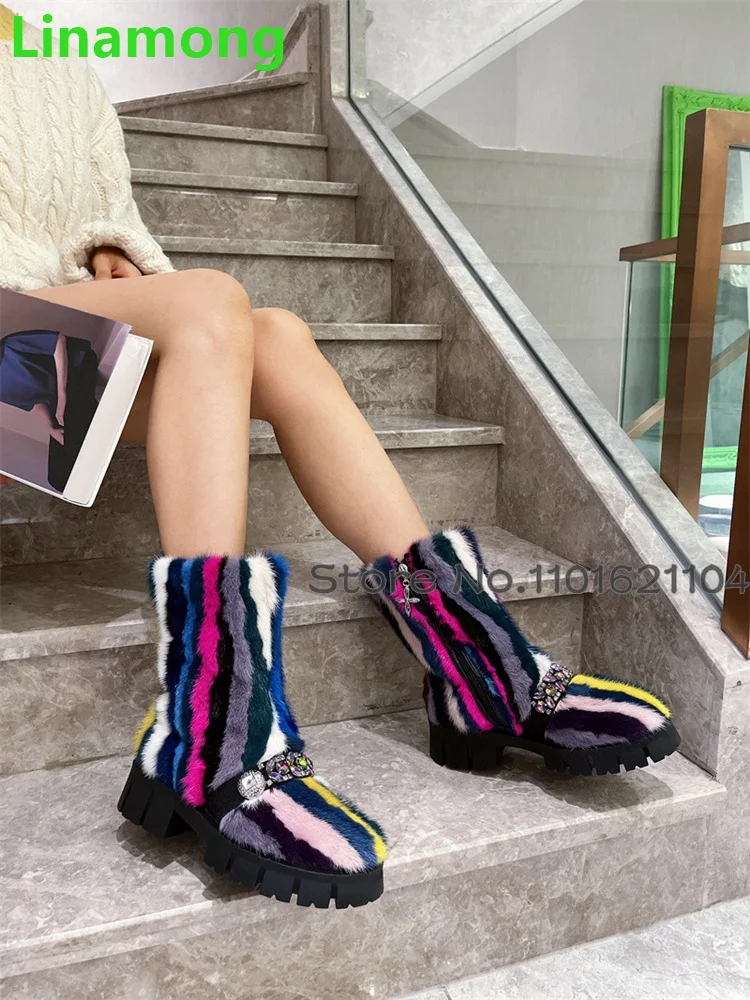 Colorful Stripes Fur Thick Sole Boots For Female Women 2024 Winter New Crystal Round Toe Mid-calf Warm Slip-on Fashion Snow Boot