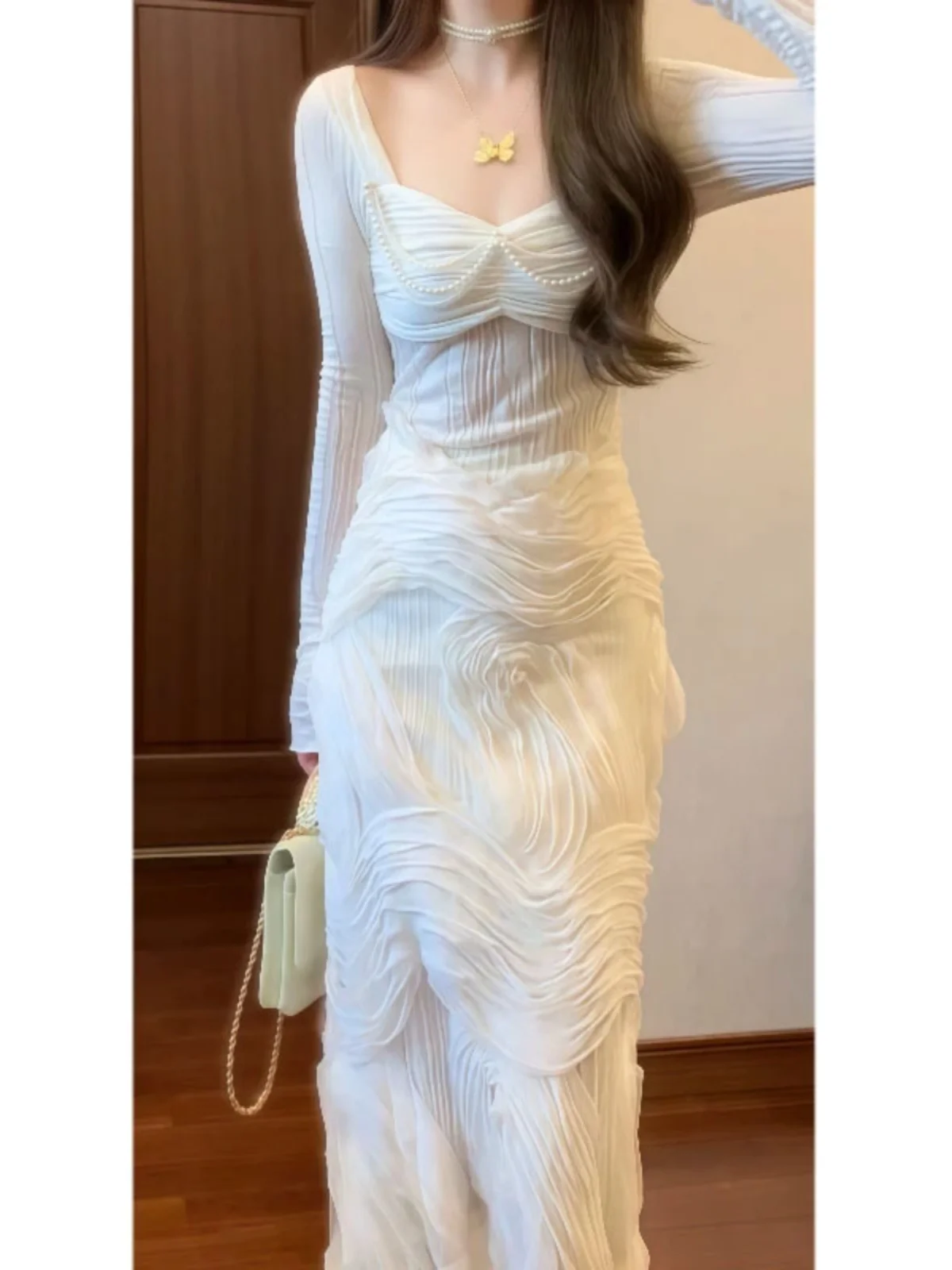 

Elegant Slim Fit Long Dress Women's Fashion Spring 2026 New Style French Style Pure Color Waist Cinched Maxi Dress