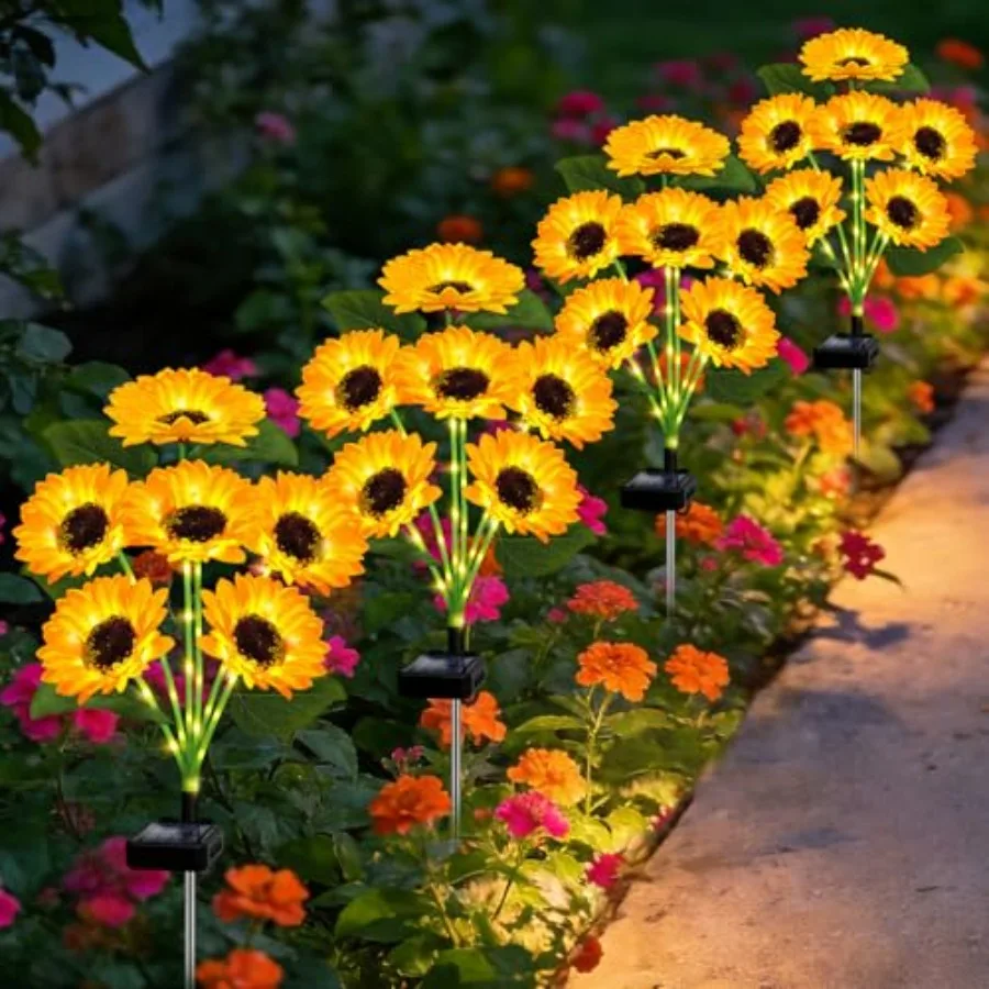 Solar Lights Outdoor Garden Decor, 4 Pack with 24 Sunflower Lights, Solar Flowers Lights Waterproof, Birthday Gifts for Mom Wom