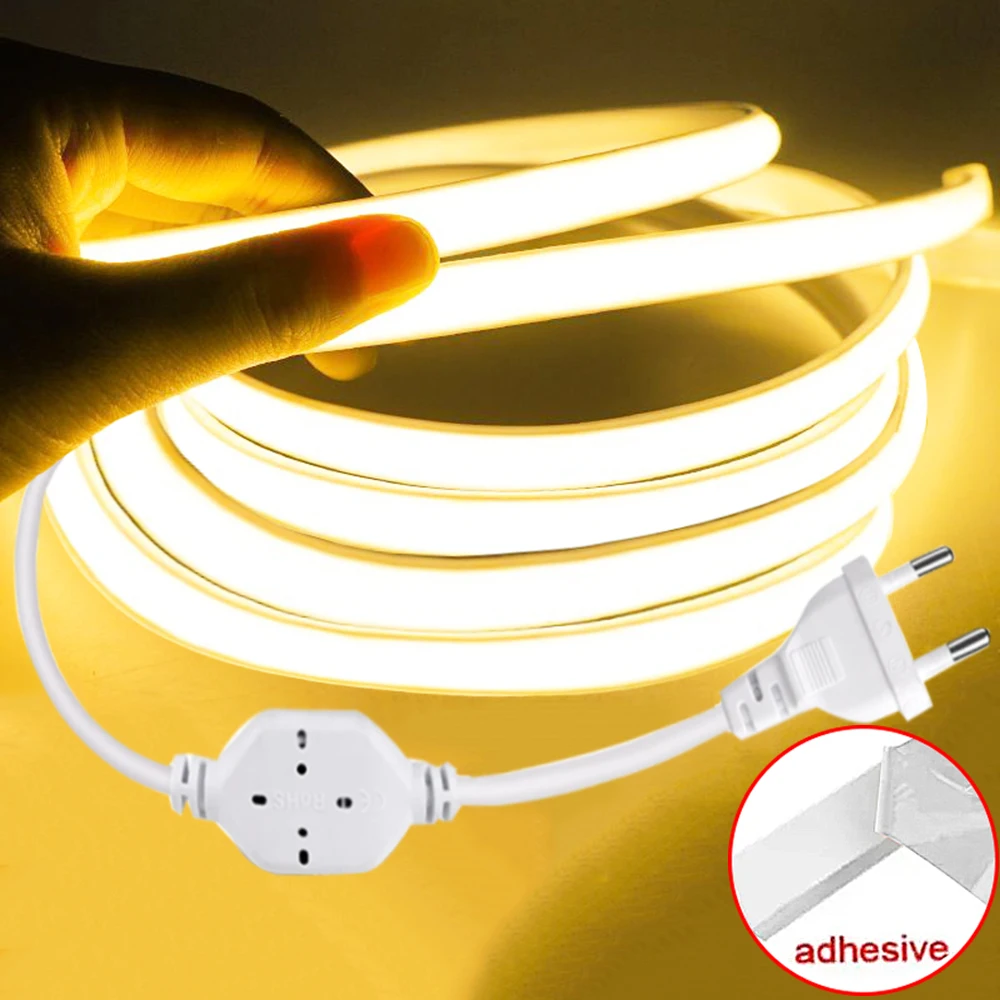 

High Brightness COB LED Strip 220V Adhesive Led Light Waterproof Flexible Ribbon Tape for Room Kitchen,Outdoor Garden Lighting