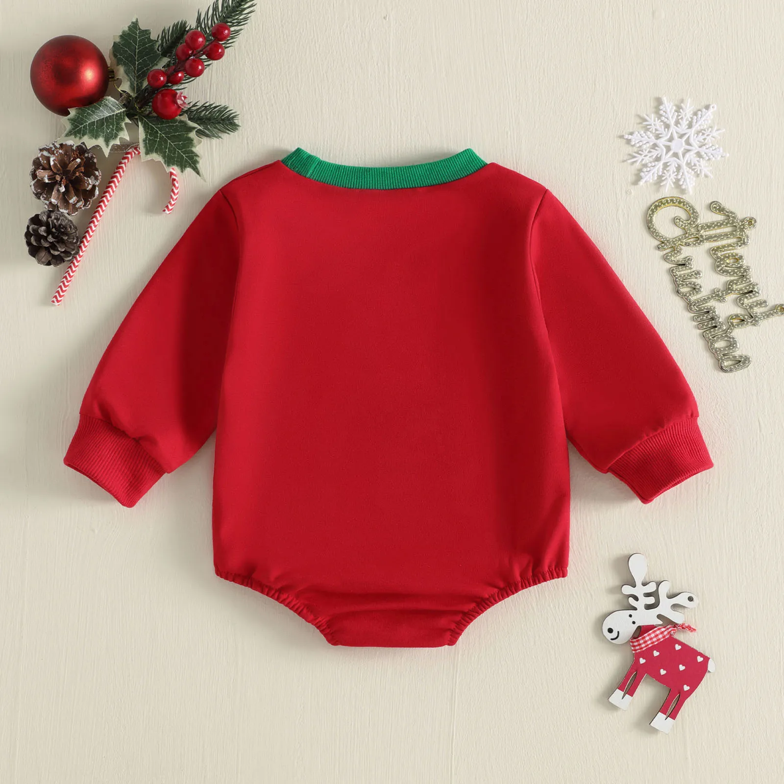 Baby Girl Red Christmas Sweatshirt Romper Christmas Tree Embroidery Crew Neck Bodysuits
