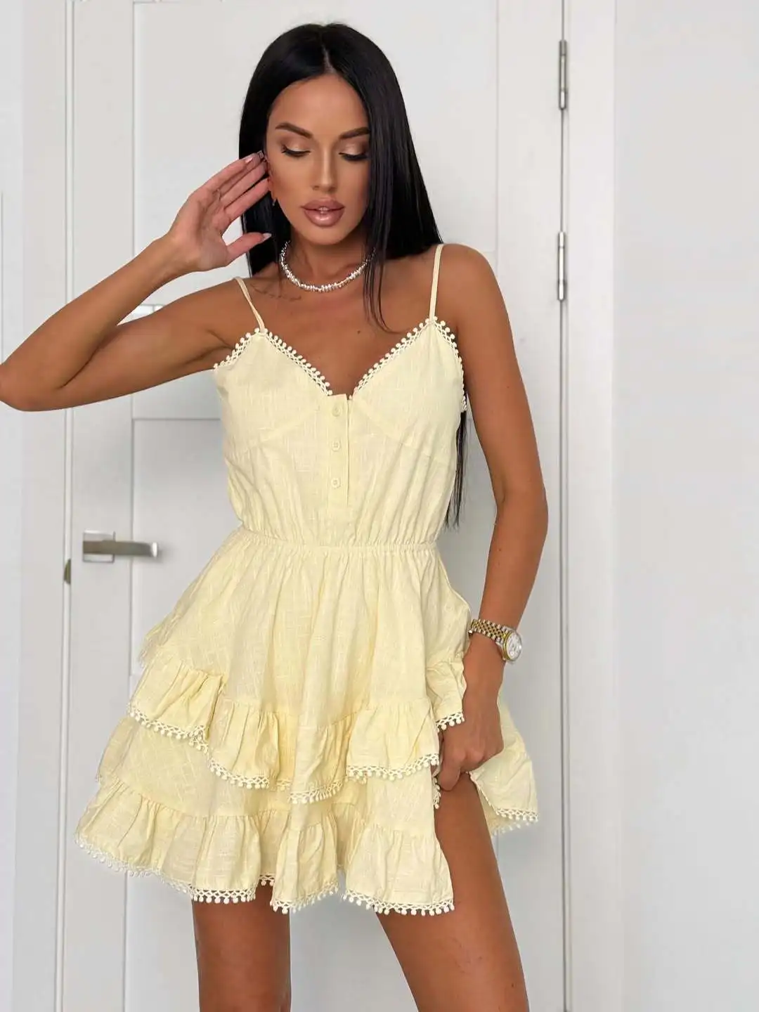 

Women's Solid Color Mini Dress Spaghetti Strap V-Neck Button Tiered Ruffle Hem Stylish Sweet Casual Summer New Lady Dress
