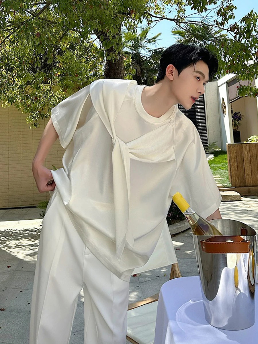 

Летняя шелковая футболка с коротким рукавом и круглым вырезом, однотонная, мужская, модная, свободного кроя, молодежный тренд