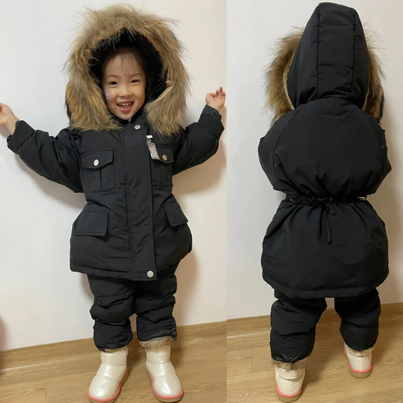 2pcs Set Baby Winter Down Jacket and Jumpsuit Thicken Infant Snowsuit Warm Children Coat Real Fur Collar Baby Set 1-4Years
