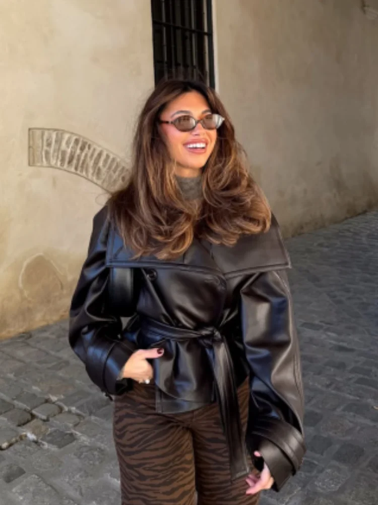 

Street Belt Cropped Leather Jackets Women Stand Collar Double Breasted Pockets Long Sleeve Coats 2025 Autumn Lady Chic Outerwear