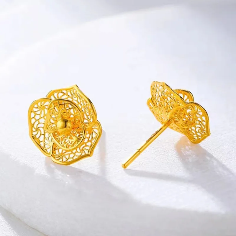 

Classical 24K Gold Plated Flower Earrings Ear Studs Ring For Women Personality Golden Earring Ear Decorate Fine Delicate Jewelry