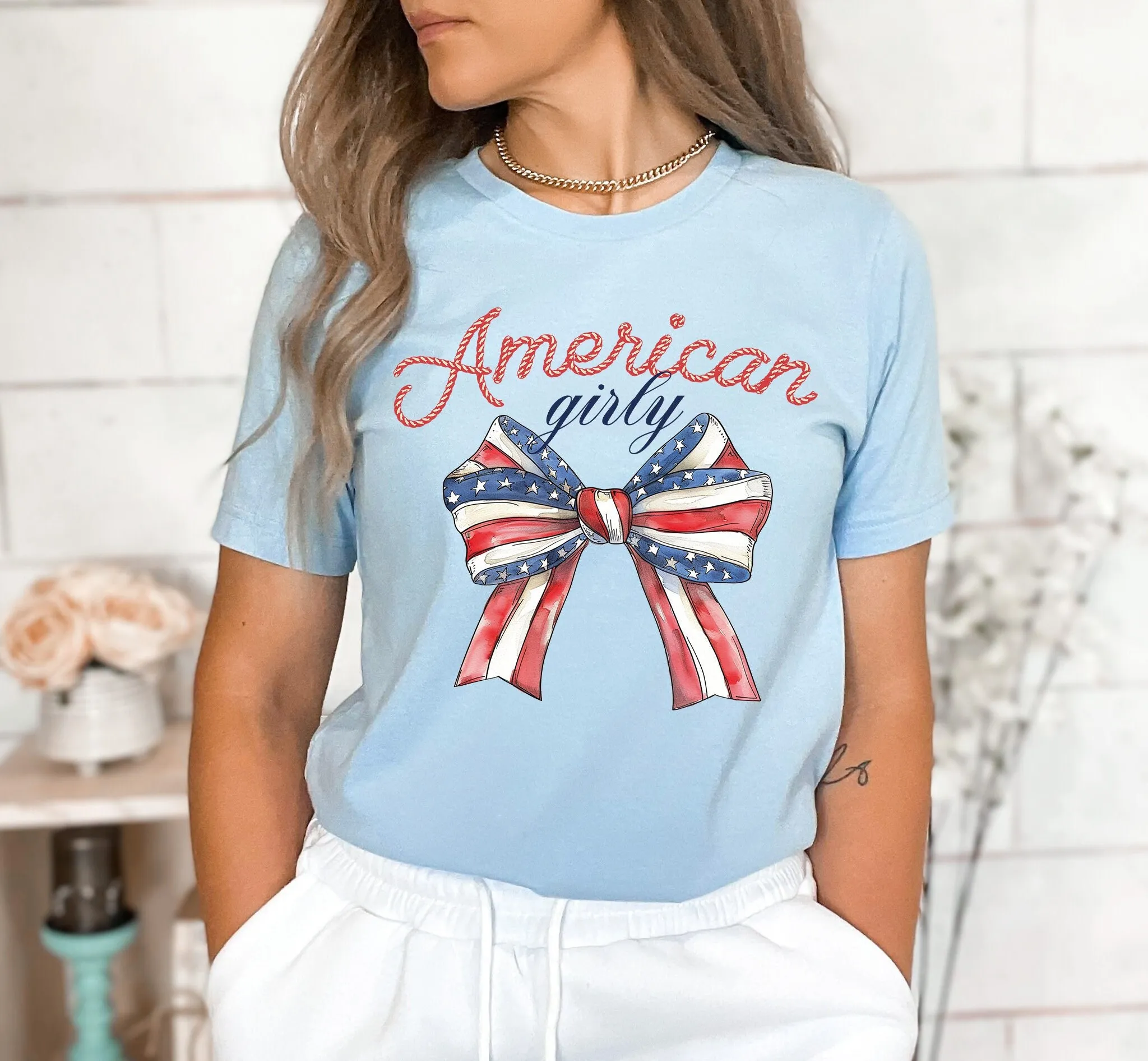 

Coquette American Girly T Shirt Bow 4th of July America Freedom Flag