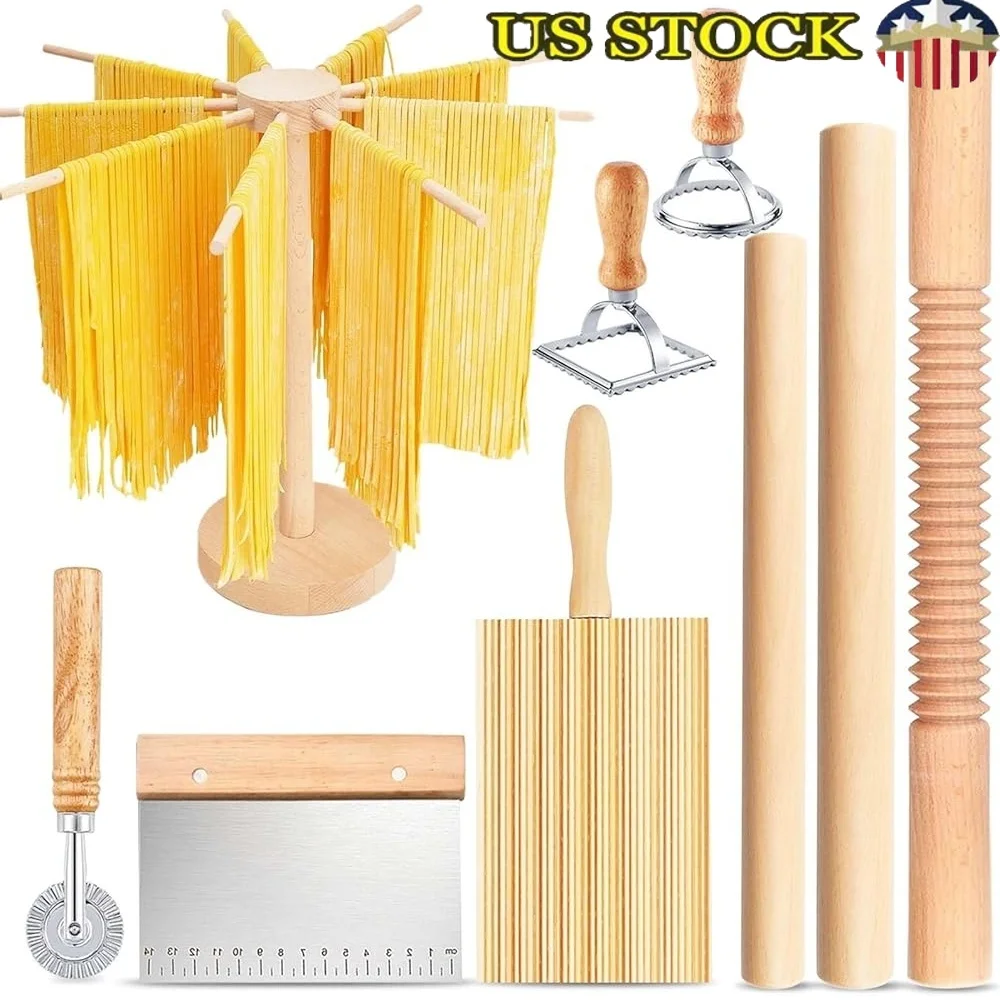 

Pasta Making Kit 9 Piece Wood Set with Rolling Pins Gnocchi Board Dough Cutter Ravioli Stamp Pasta Dryer