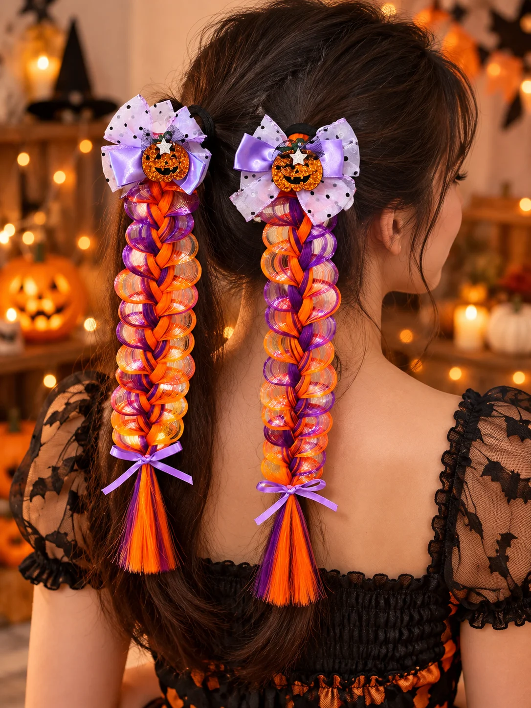 Halloween Hair Extensions with Hair Ties, Pumpkin Skull Bat Bow Hair Accessories for Cosplay Costume Party