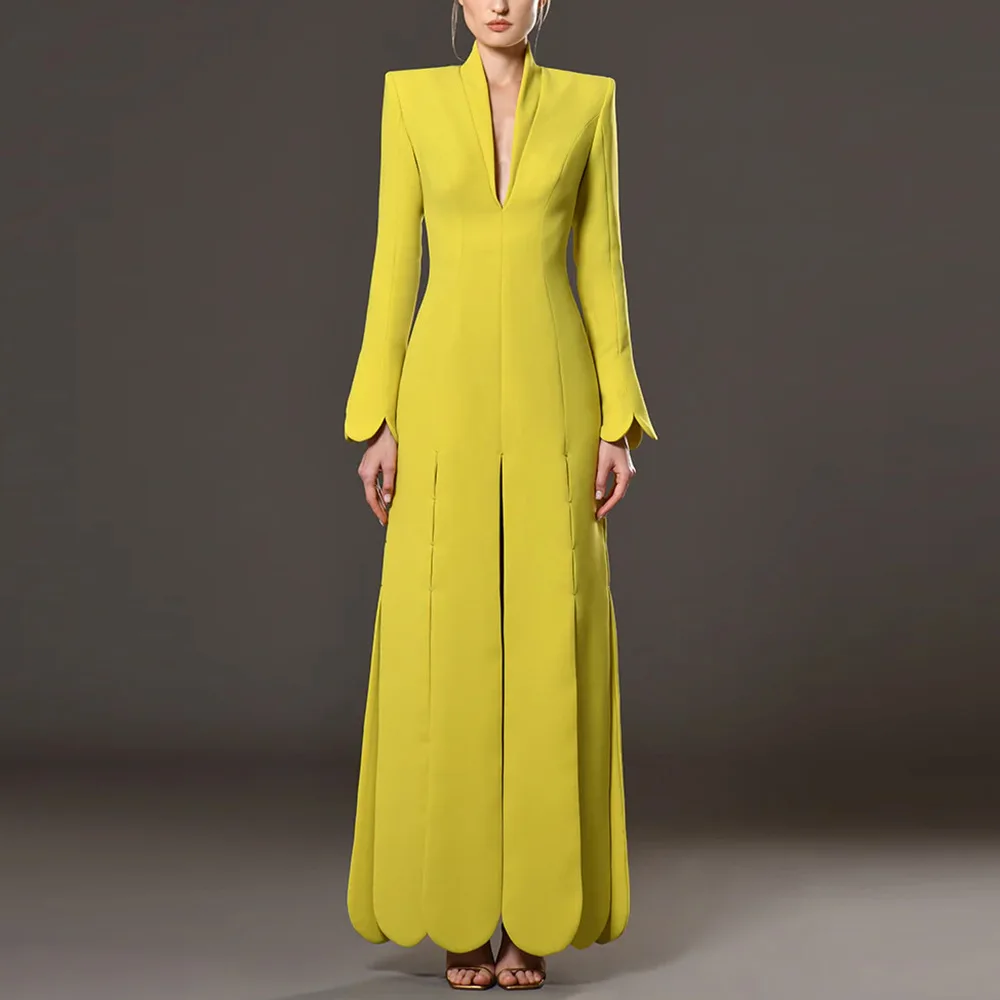 high street formal dresses 2026 New Designer Women's Deep V-neck Petal Split Yellow Evening Gown Elegant Party Maxi Long Dress F21