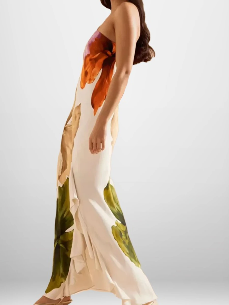 TWOTWINSTYLE Sexy Boho Printing Dress for Women Diagonal Collar Slimming Spliced Ruffles Edge Midi Dresses Female Fashion Style