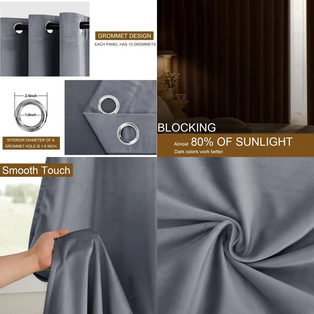

Широкие серые бархатные шторы - 96 дюймов в длину, с толстыми люверсами, на завязках, светонепроницаемые, для уединения, домашний декор, Ш60 x Д96, 2 панели