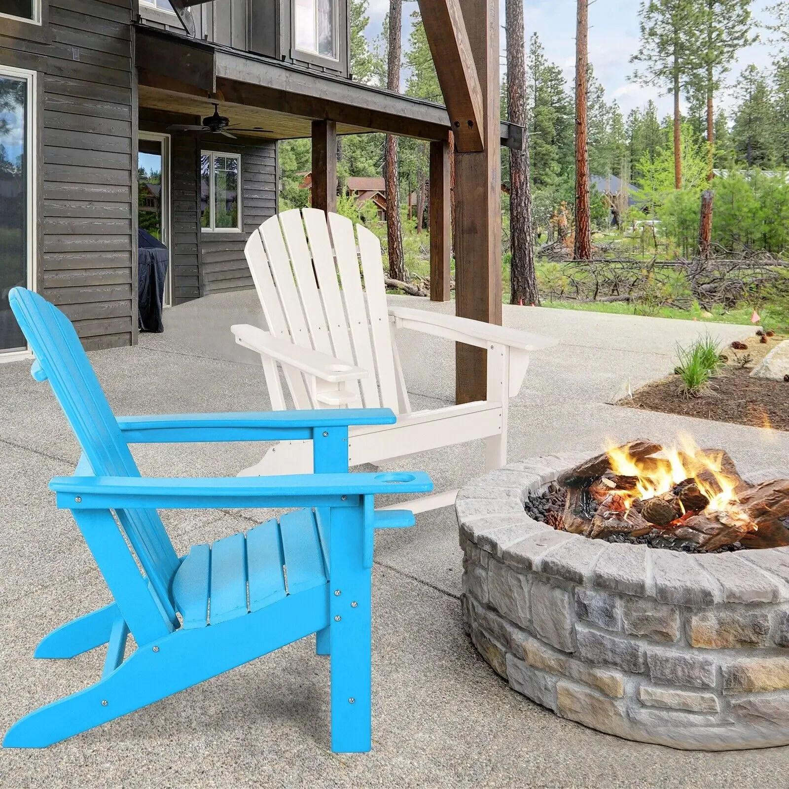 Adirondack Chair W/Cup Holder Weather Resistant Outdoor Lounge Garden Deck Blue