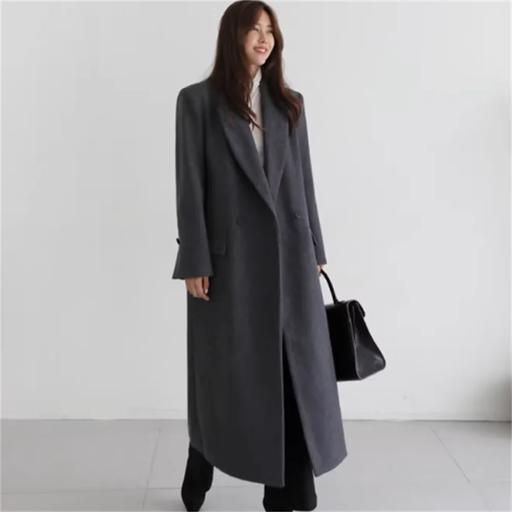 

Loose double-breasted long woolen coat abrigo invierno mujer