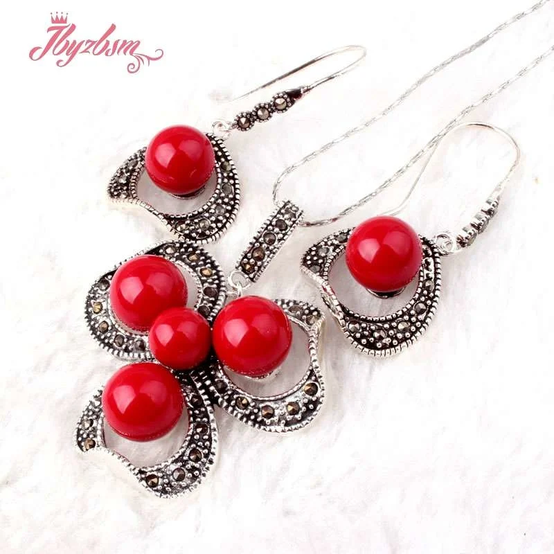 8.10mm Round Manmade Red Coral Marcasite Tibetan Silver Anniversary Classical Party Pendant 35x45mm Earring 19x25mm Jewelry  Set