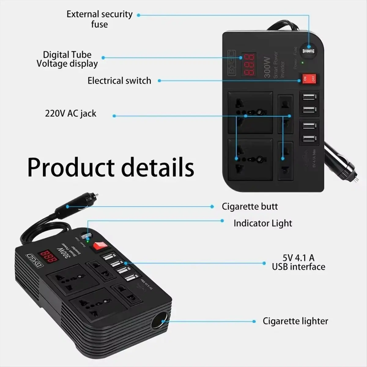 Super Sale Car Inverter 300W High-Power DC 12V to 220V Multi-Function Home Modified Sine WaveAutomotive Power Converter Inverter