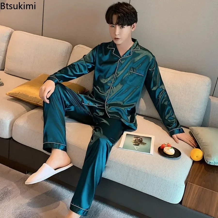 High Quality Men\'s Casual Pajama Sets Fashion Satin Long Sleeve Lapel Tops and Pants Homewaer Suit Men Comfort Lounge Sleepwear