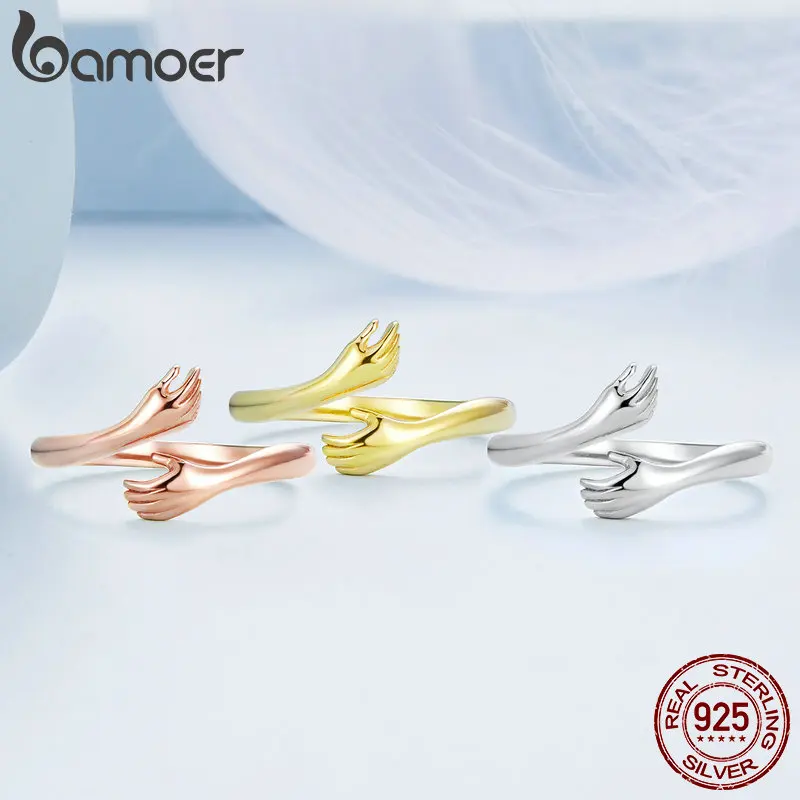 Bamoer 925 Sterling Silver Plated Hug Rings Multicolor Love & Friendship Adjustable Rings for Men & Women Warm Gift Fine Jewelry