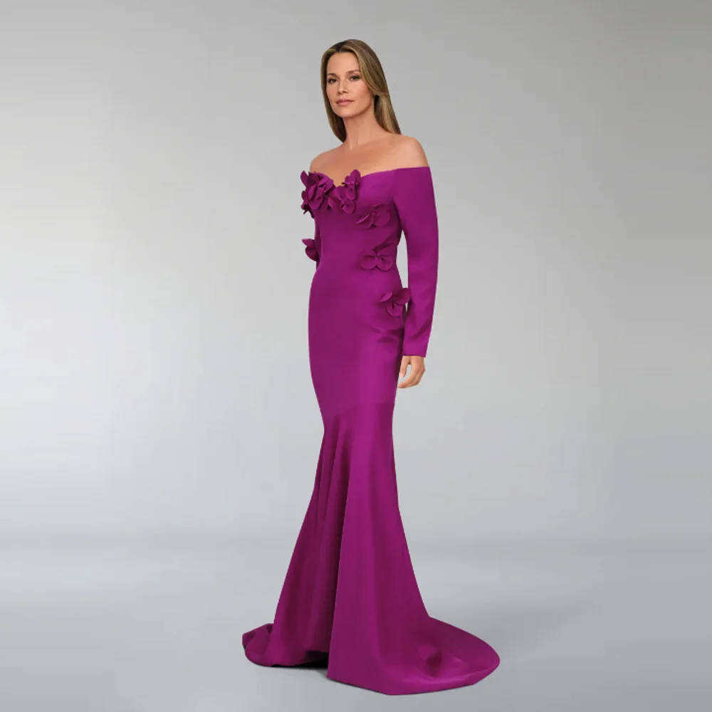 

customized Saudi Fuchsia Satin Prom Dresses V Neck Mermaid 3D Flowers Birthday Party Dress Dubai Formal Women Evening Gowns